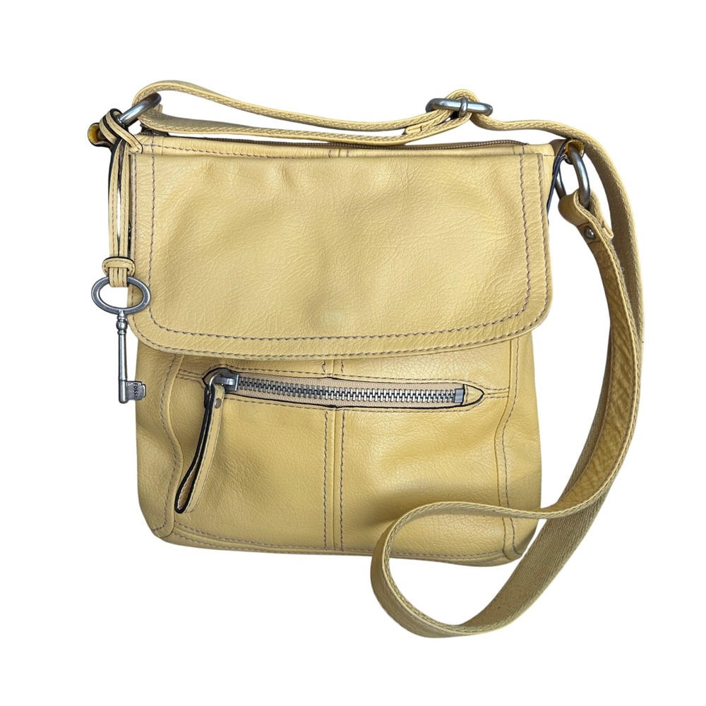 Fossil Yellow Pebbled Leather Crossbody Bag Flap Top Organizer Purse Key Charm